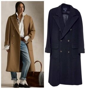 Ralph Lauren Camel Hair Long Polo Overcoat Blue Double‎ Breasted Women's Size 6